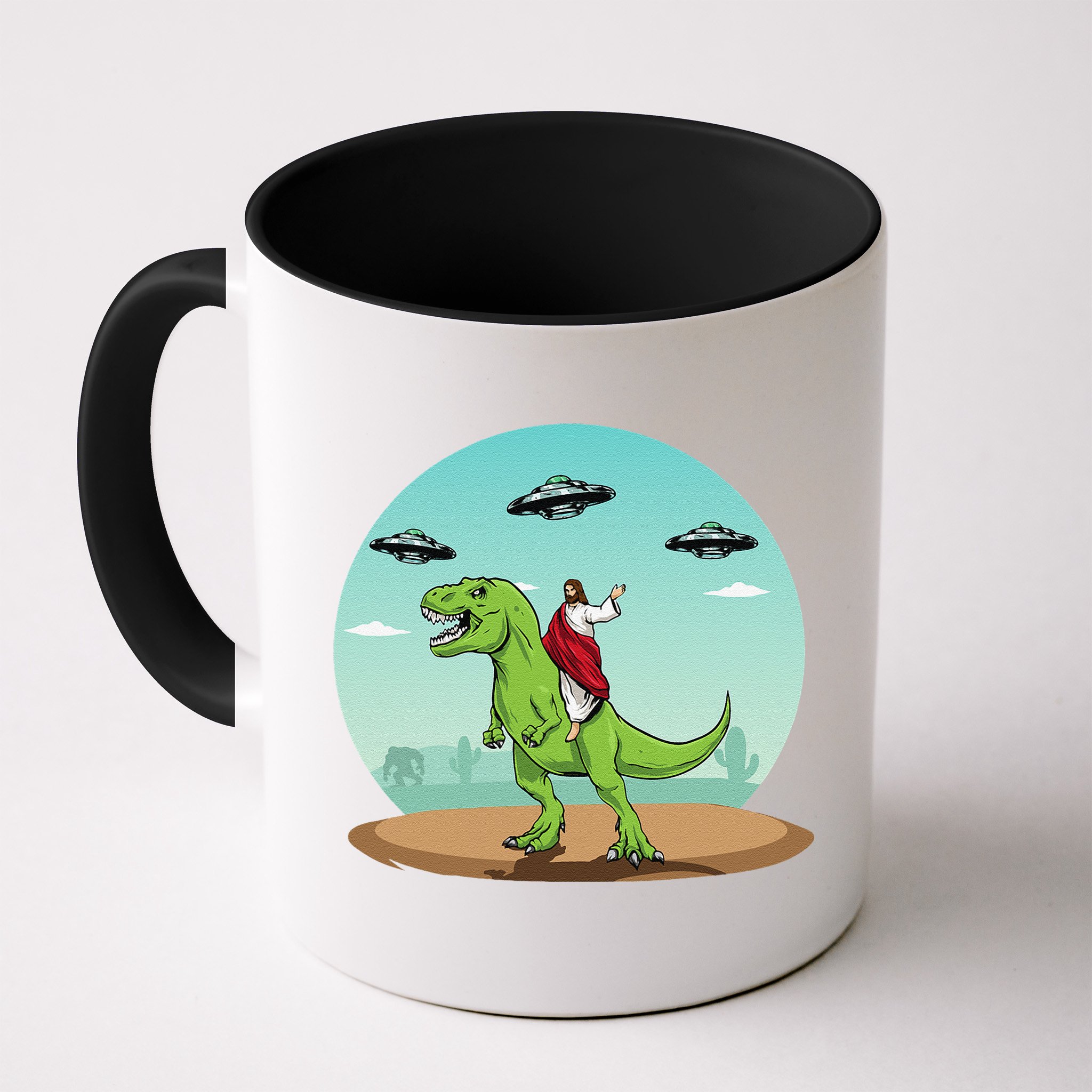 Jesus Riding A Dinosaur Funny Bigfoot UFO Alien Abduction Mug