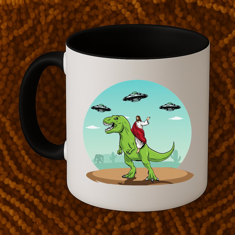 Jesus Riding A Dinosaur Funny Bigfoot UFO Alien Abduction Mug