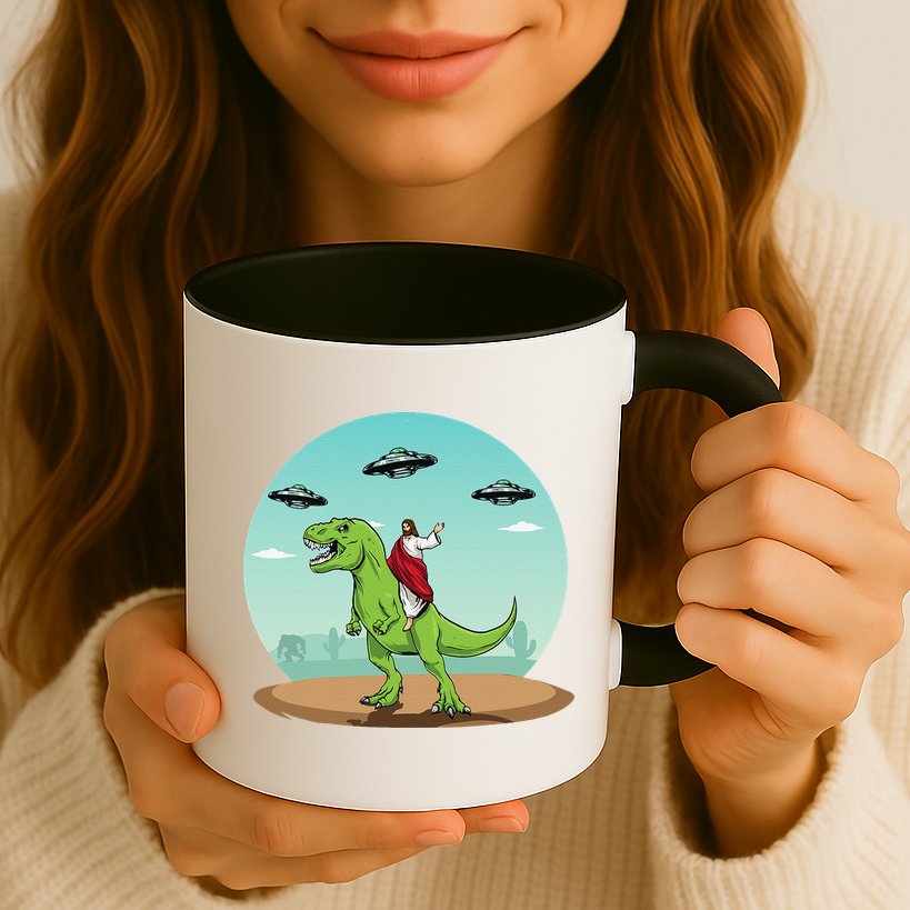 Jesus Riding A Dinosaur Funny Bigfoot UFO Alien Abduction Mug