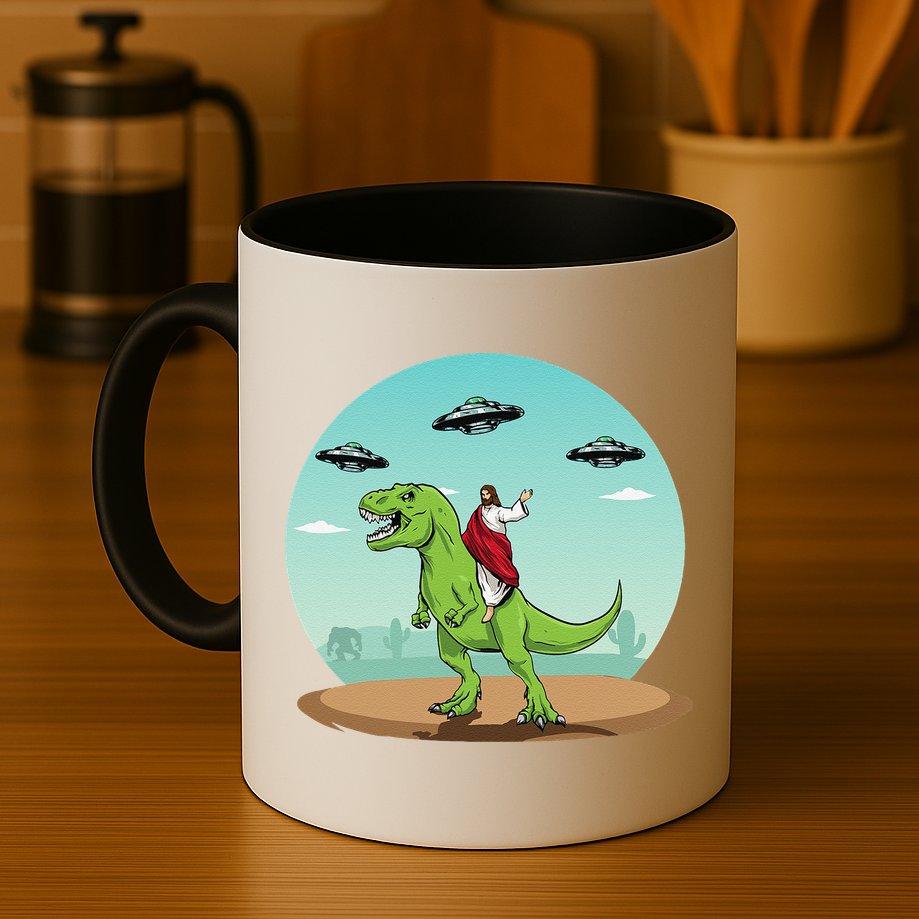 Jesus Riding A Dinosaur Funny Bigfoot UFO Alien Abduction Mug