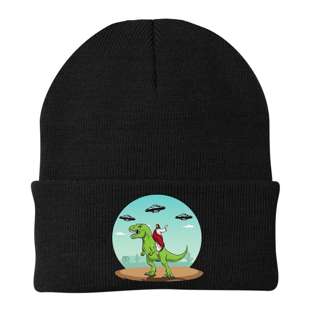Jesus Riding A Dinosaur Funny Bigfoot UFO Alien Abduction Beanie