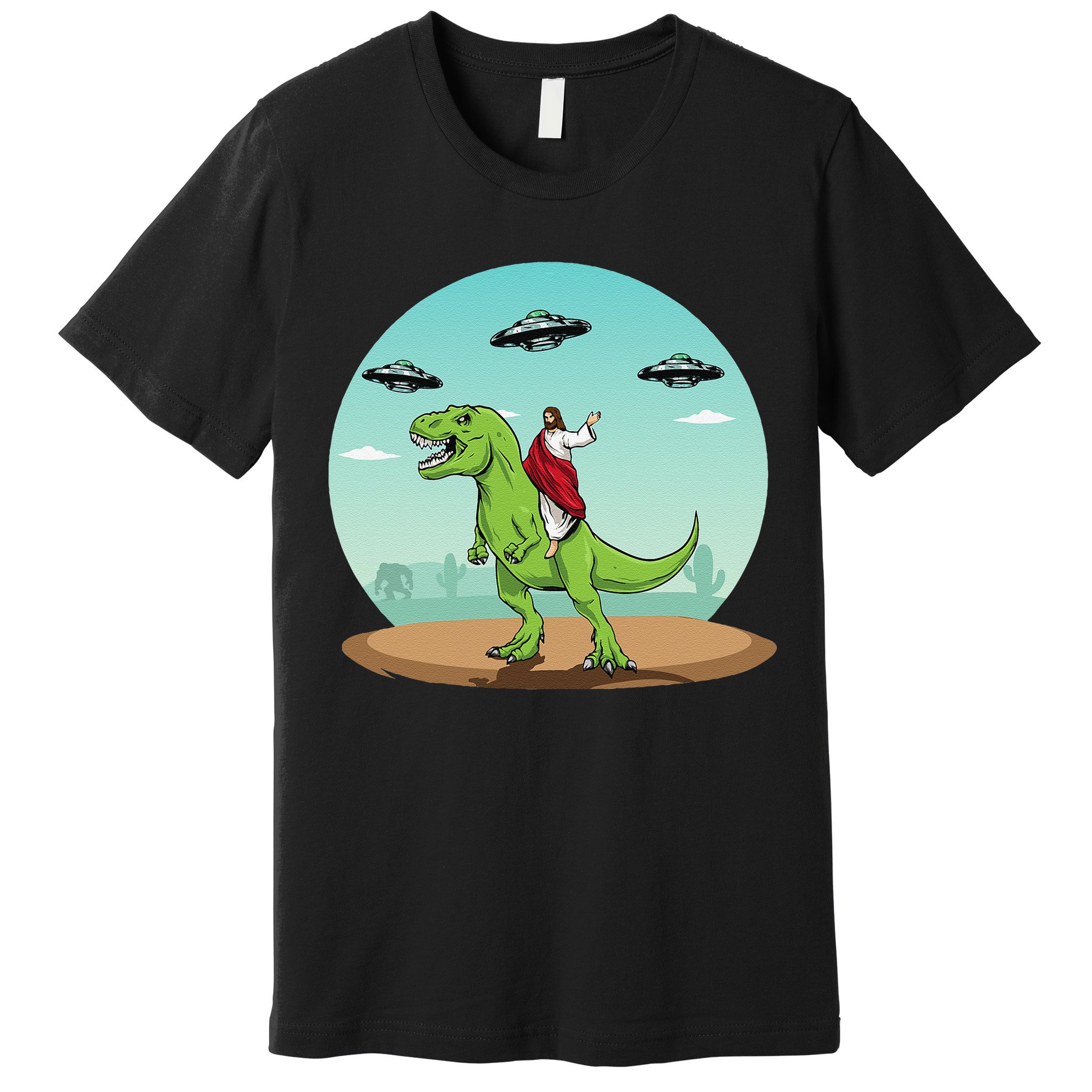 Jesus Riding A Dinosaur Funny Bigfoot UFO Alien Abduction Premium T-Shirt