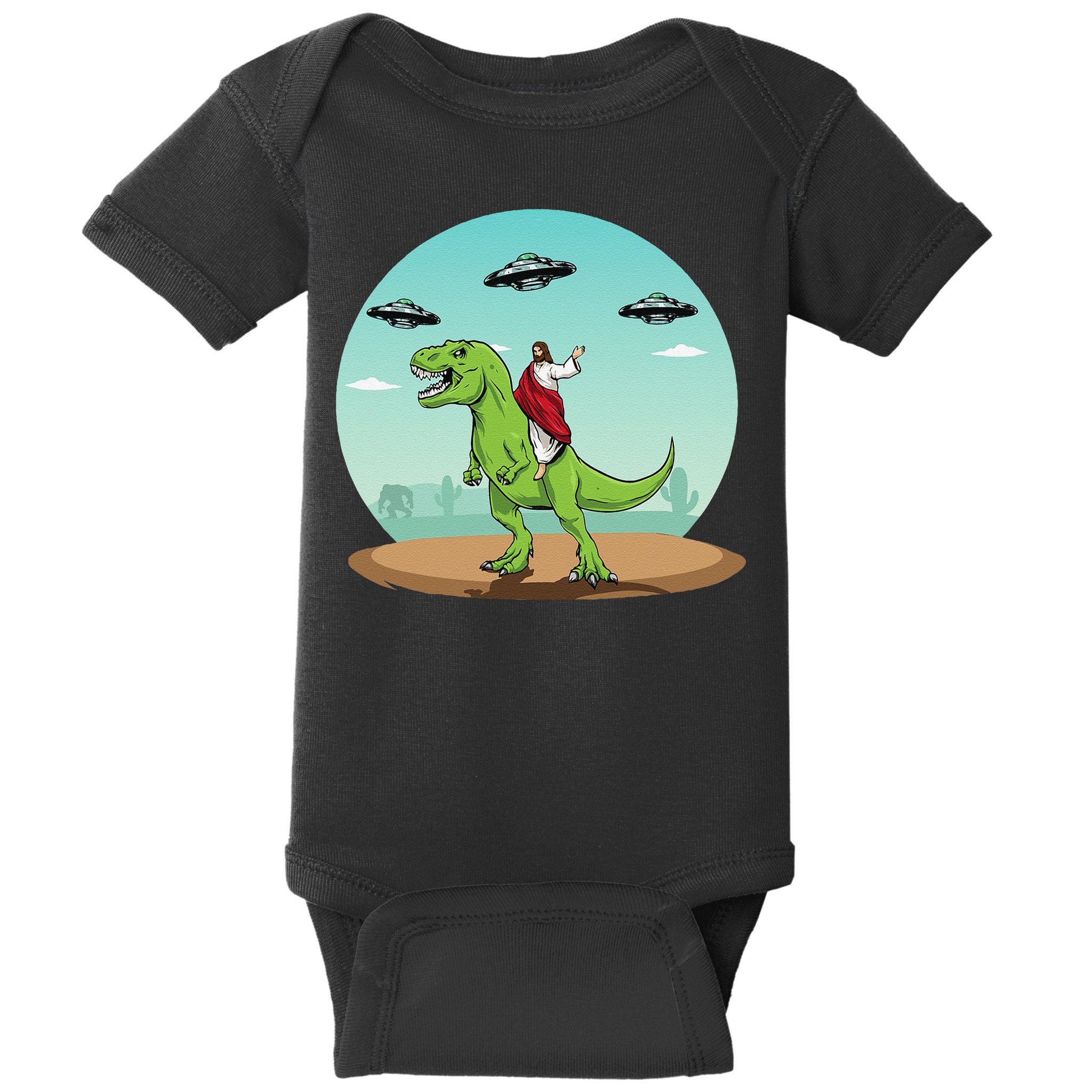 Jesus Riding A Dinosaur Funny Bigfoot UFO Alien Abduction Baby Bodysuit
