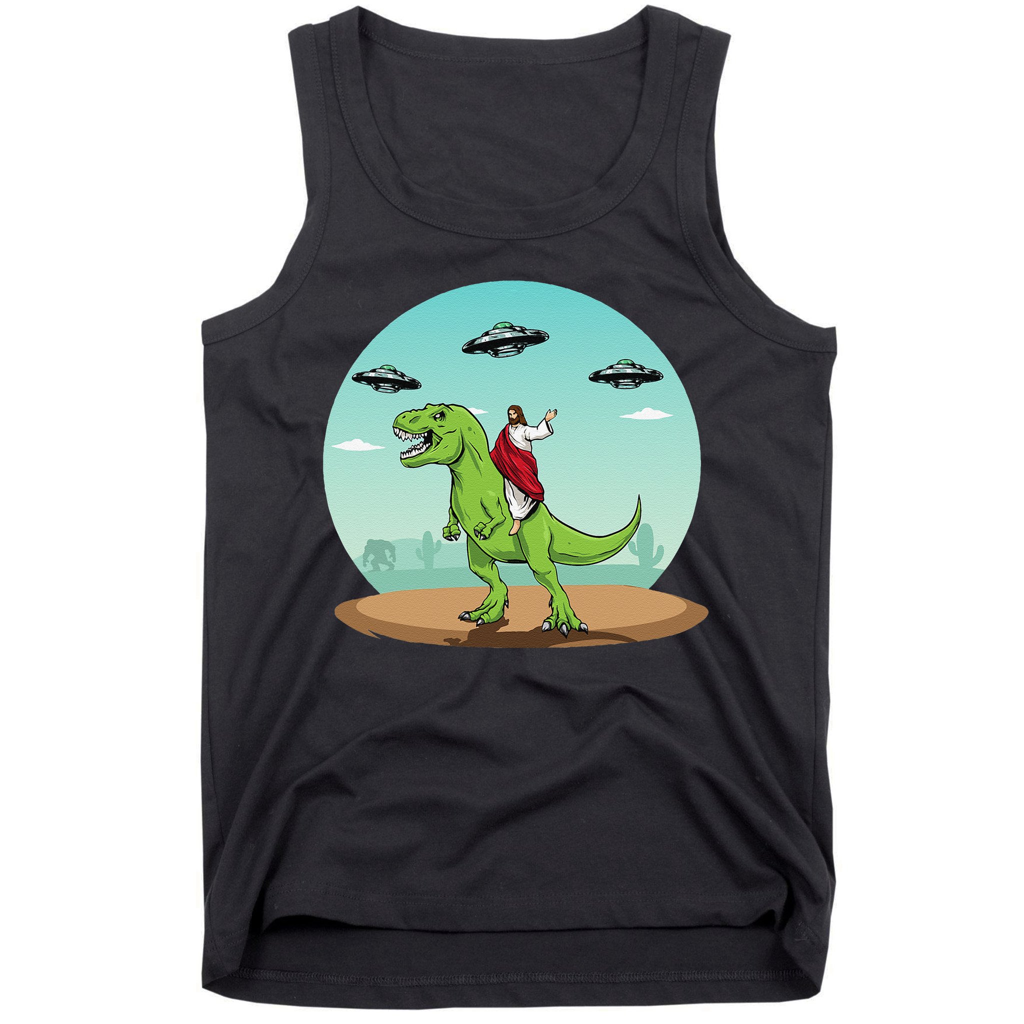 Jesus Riding A Dinosaur Funny Bigfoot UFO Alien Abduction Tank Top