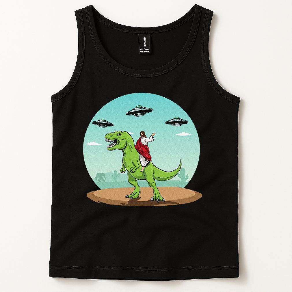 Jesus Riding A Dinosaur Funny Bigfoot UFO Alien Abduction Tank Top