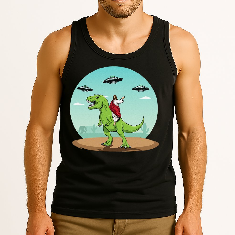 Jesus Riding A Dinosaur Funny Bigfoot UFO Alien Abduction Tank Top