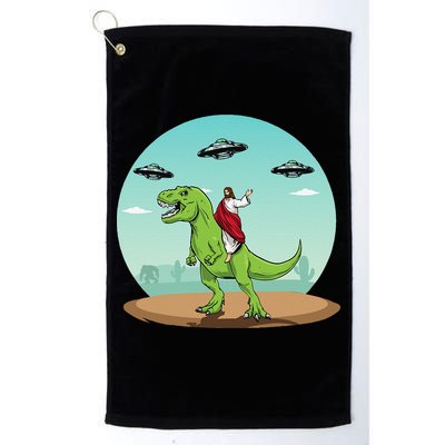 Jesus Riding A Dinosaur Funny Bigfoot UFO Alien Abduction Golf Towel