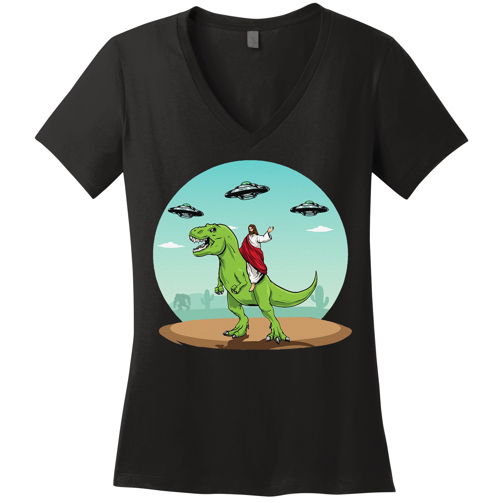 Jesus Riding A Dinosaur Funny Bigfoot UFO Alien Abduction Women's V-Neck T-Shirt