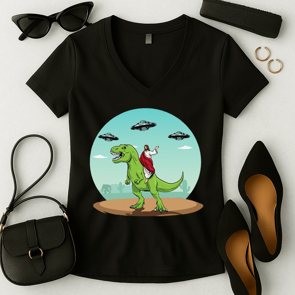 Jesus Riding A Dinosaur Funny Bigfoot UFO Alien Abduction Women's V-Neck T-Shirt