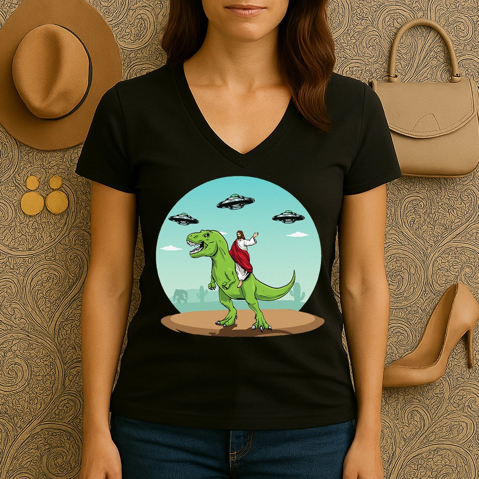 Jesus Riding A Dinosaur Funny Bigfoot UFO Alien Abduction Women's V-Neck T-Shirt