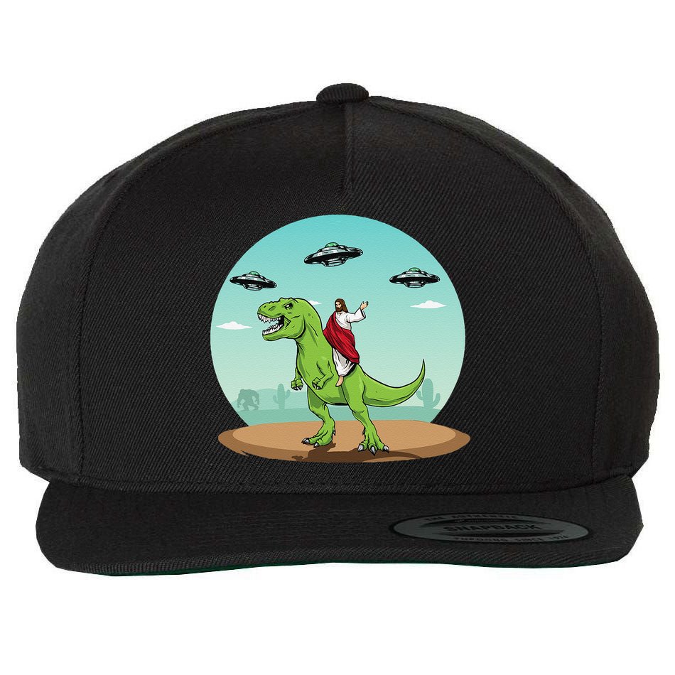 Jesus Riding A Dinosaur Funny Bigfoot UFO Alien Abduction Wool Snapback Cap
