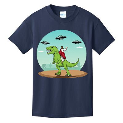 Jesus Riding A Dinosaur Funny Bigfoot UFO Alien Abduction Kids T-Shirt