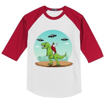 Jesus Riding A Dinosaur Funny Bigfoot UFO Alien Abduction Kids Colorblock Raglan Jersey