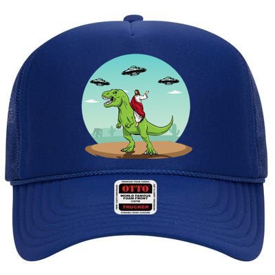 Jesus Riding A Dinosaur Funny Bigfoot UFO Alien Abduction High Crown Mesh Back Trucker Hat