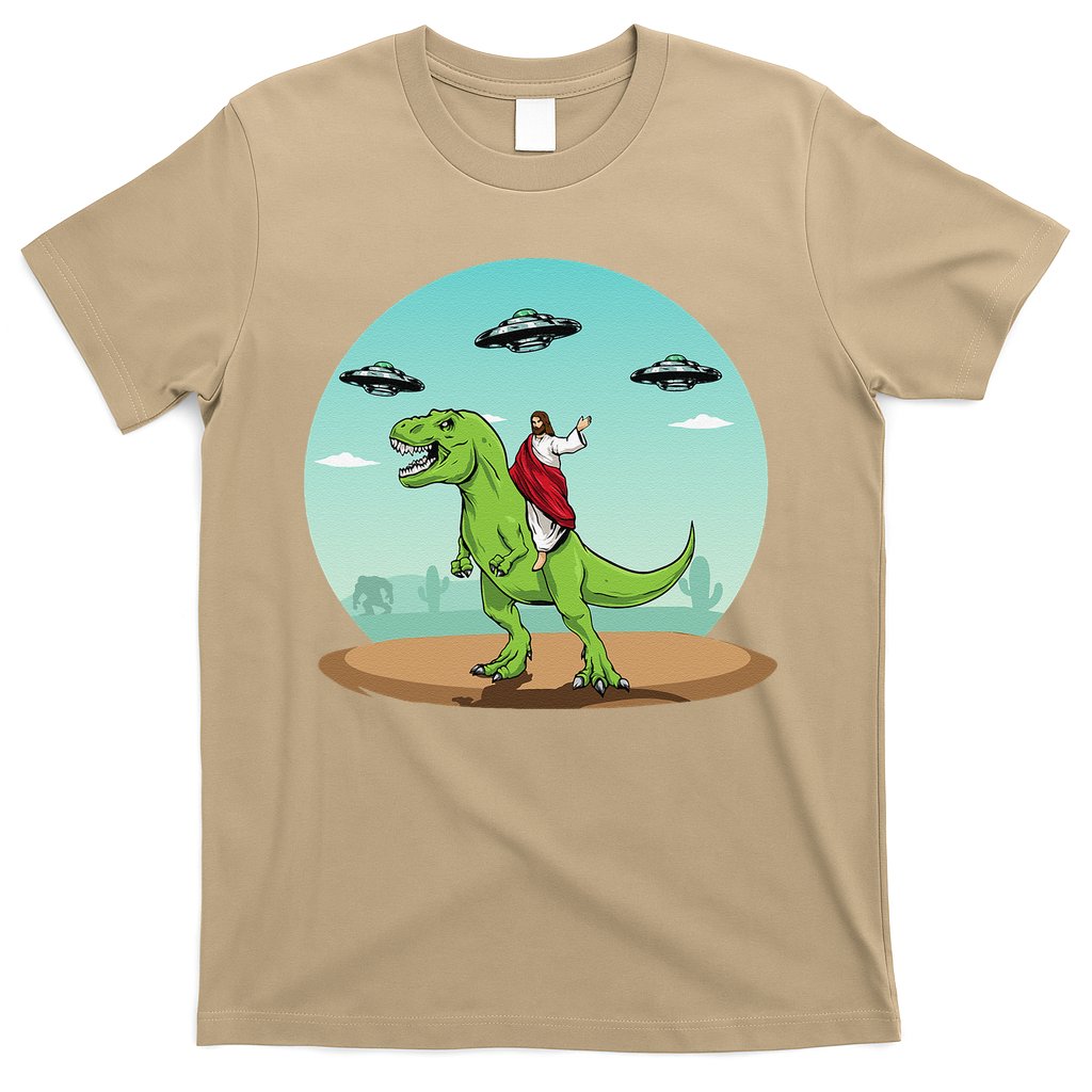 Jesus Riding A Dinosaur Funny Bigfoot UFO Alien Abduction T-Shirt