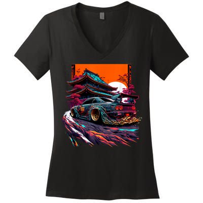 Japanese Retro Car Racing Drifting Art JDM Legend Tuning Women's V-Neck T-Shirt