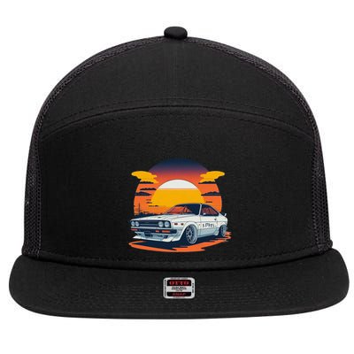 Jdm Retro Car And Sunset 7 Panel Mesh Trucker Snapback Hat