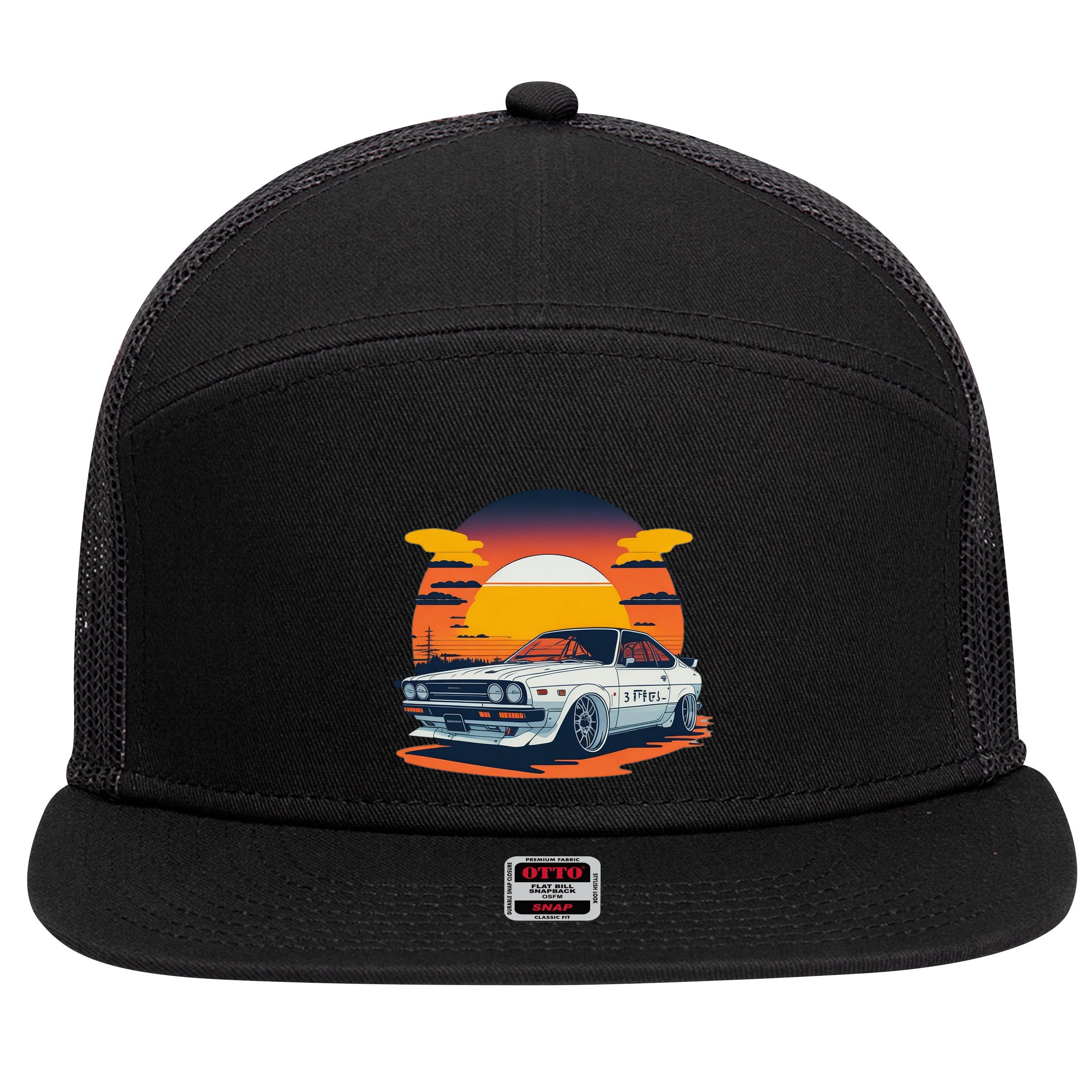 Jdm Retro Car And Sunset 7 Panel Mesh Trucker Snapback Hat