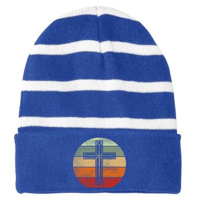 Jesus Retro Cross Christ God Faith Religious Christian Gift Striped Beanie with Solid Band