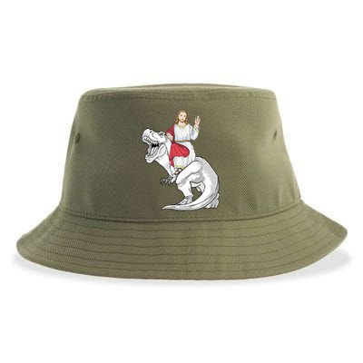 Jesus Riding Dinosaur T Rex Jesus Christ Cute Christian Sustainable Bucket Hat