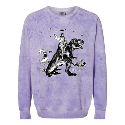 Jesus Riding Dinosaur Funny Ufo Colorblast Crewneck Sweatshirt