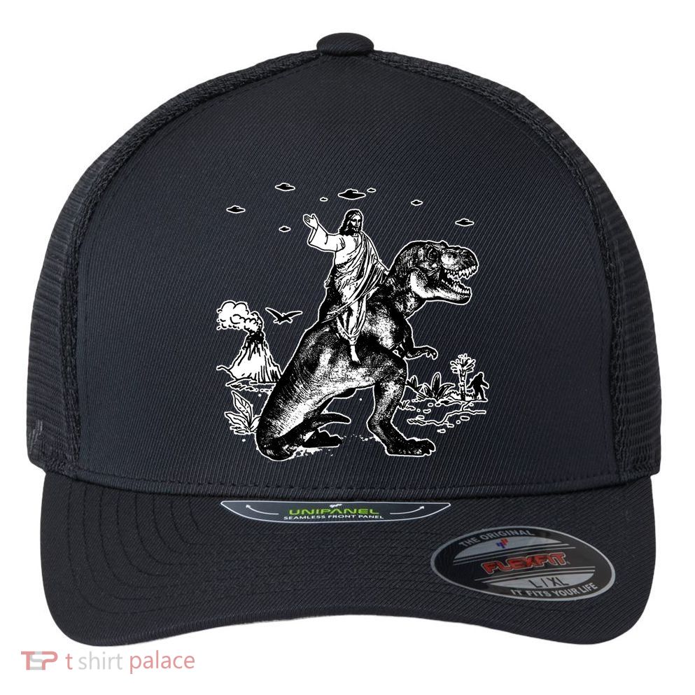 Jesus Riding Dinosaur Funny Ufo Flexfit Unipanel Trucker Cap