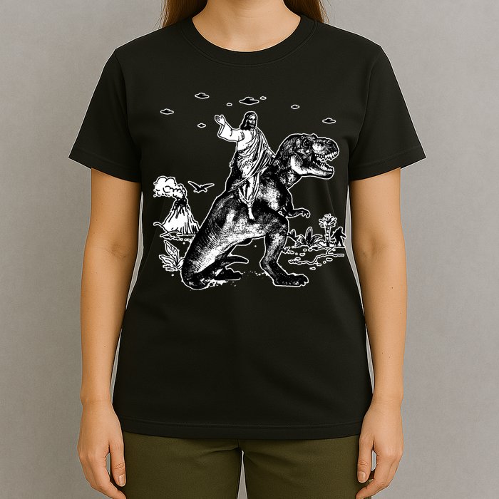 Jesus Riding Dinosaur Funny Ufo T-Shirt
