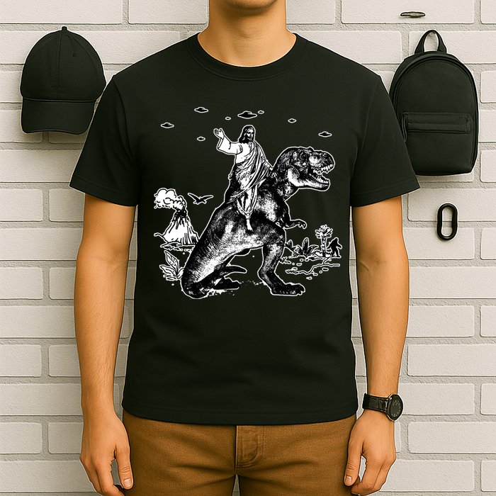 Jesus Riding Dinosaur Funny Ufo T-Shirt