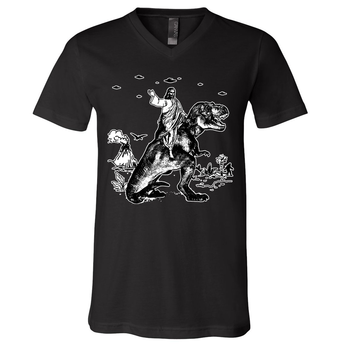 Jesus Riding Dinosaur Funny Ufo V-Neck T-Shirt