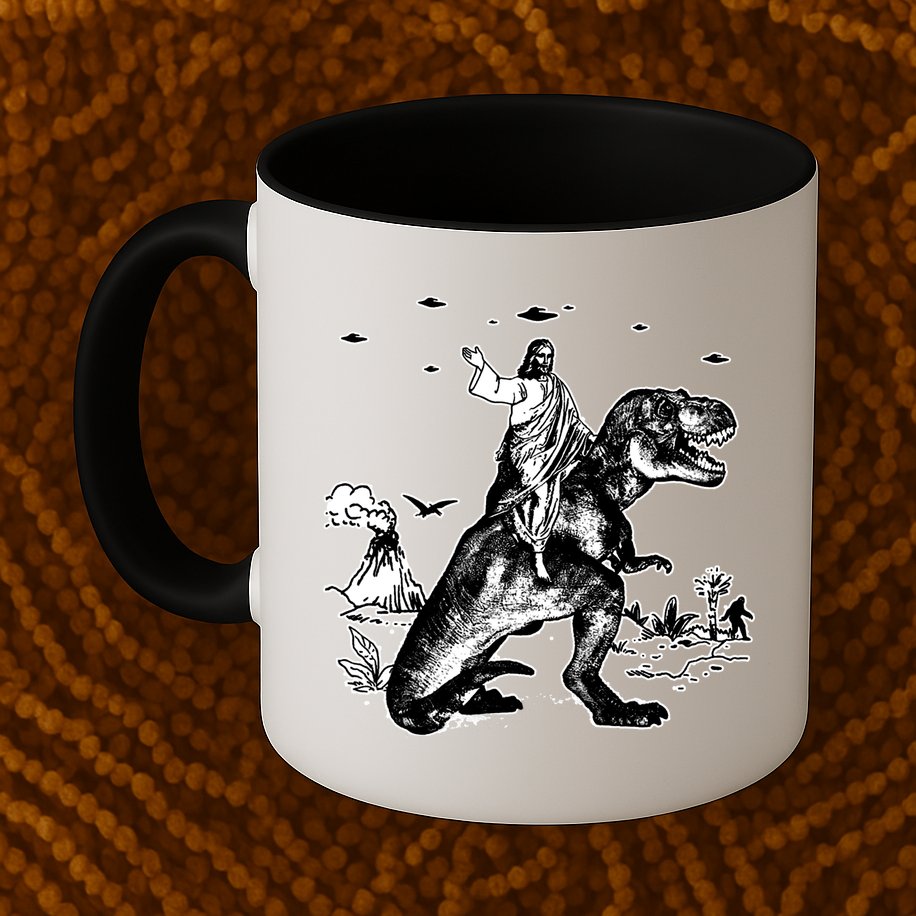 Jesus Riding Dinosaur Funny Ufo Mug