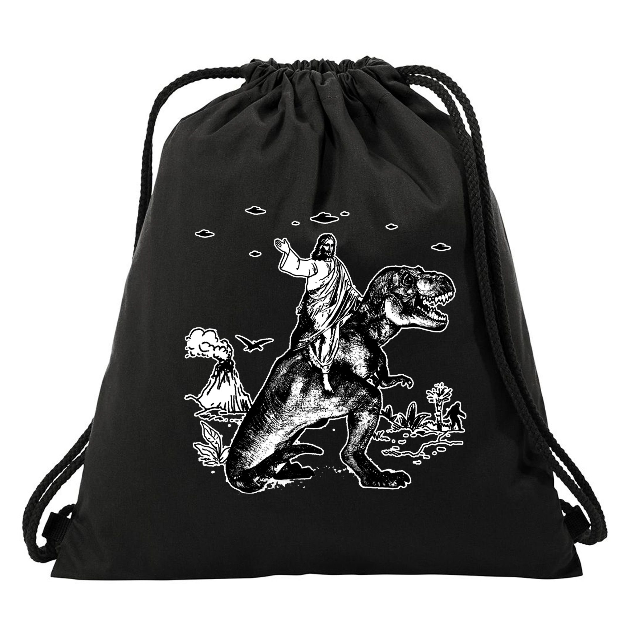 Jesus Riding Dinosaur Funny Ufo Drawstring Bag