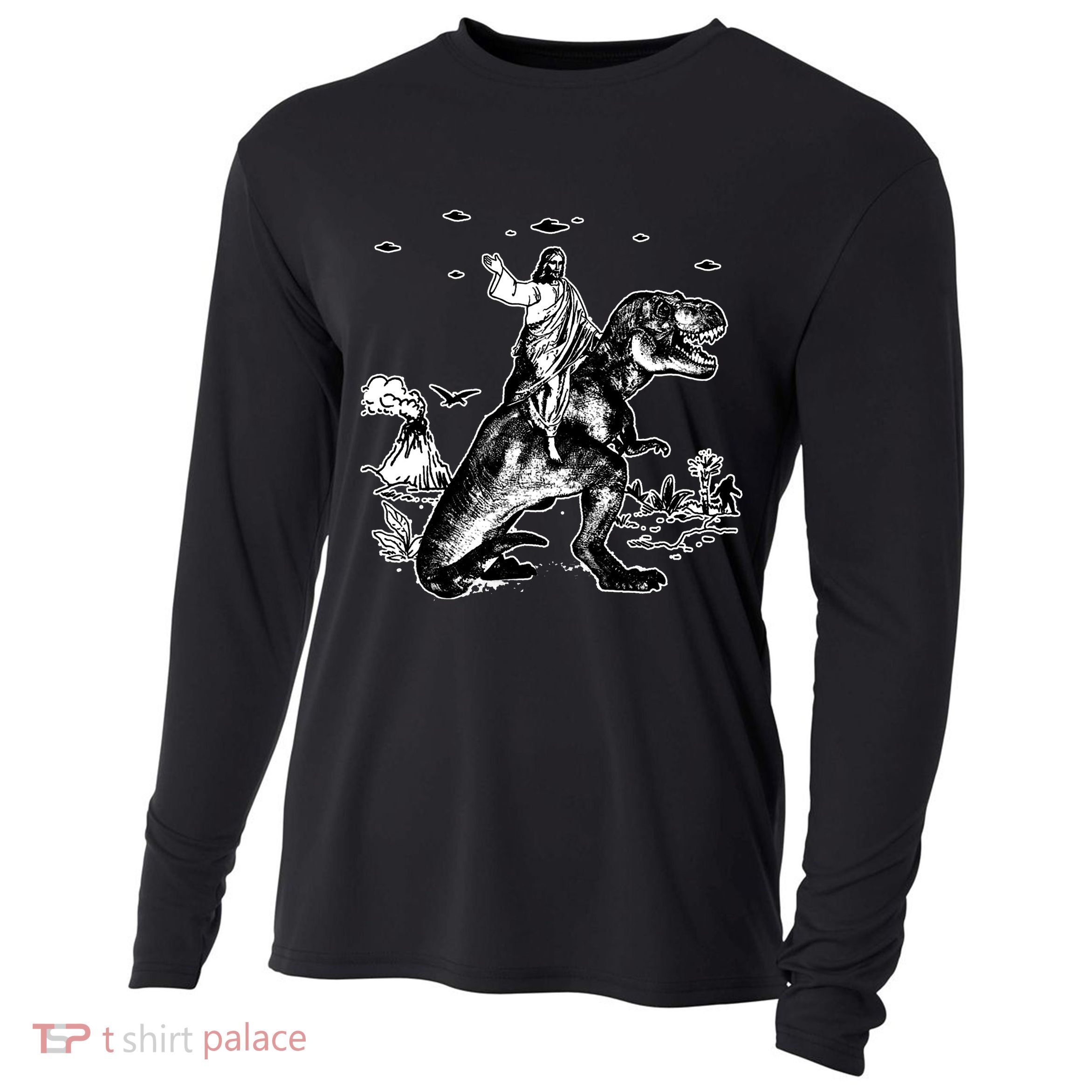 Jesus Riding Dinosaur Funny Ufo Cooling Performance Long Sleeve Crew