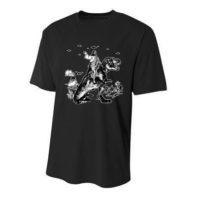 Jesus Riding Dinosaur Funny Ufo Youth Performance Sprint T-Shirt