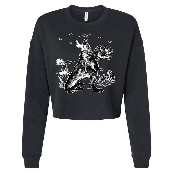 Jesus Riding Dinosaur Funny Ufo Cropped Pullover Crew