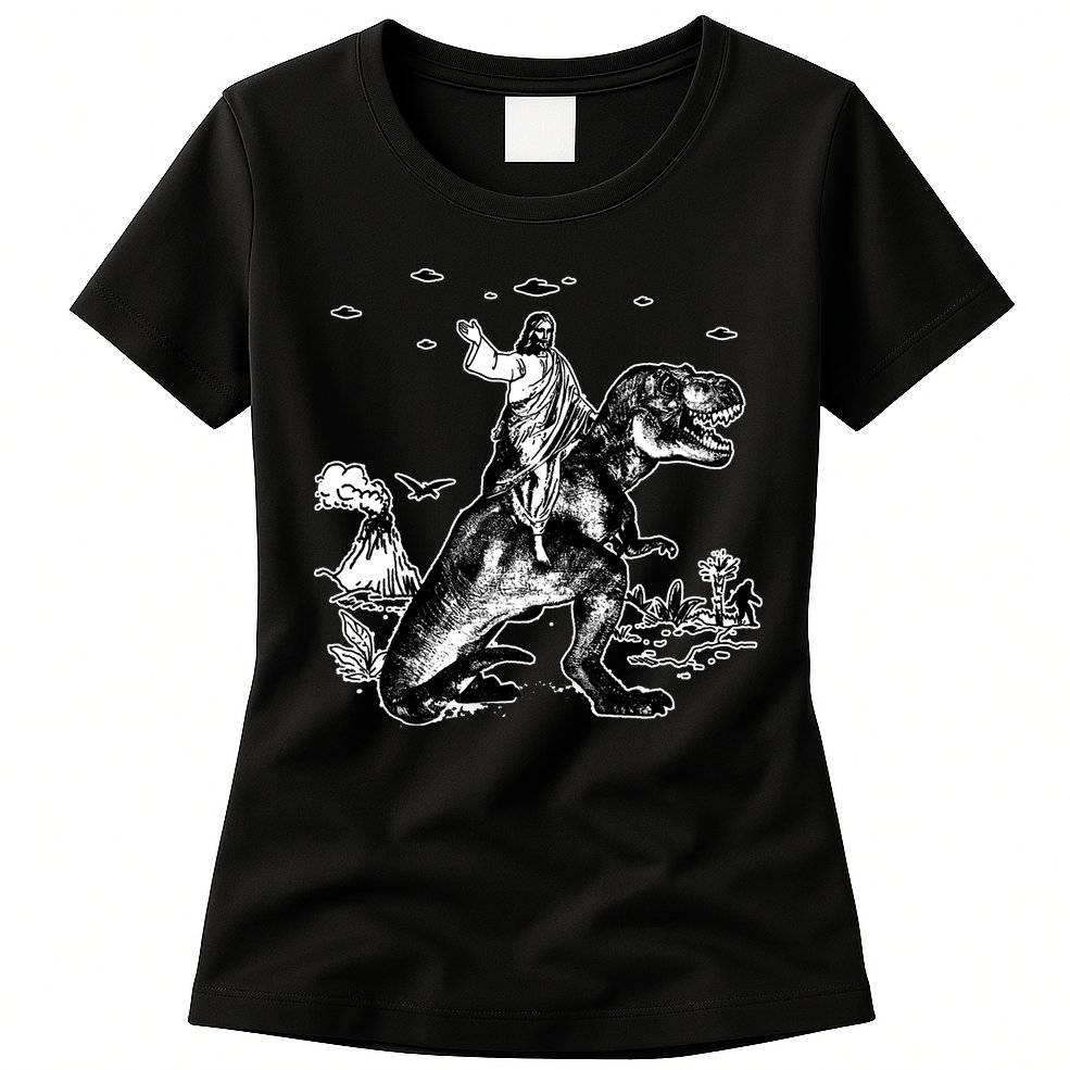 Jesus Riding Dinosaur Funny Ufo Womens T-Shirt