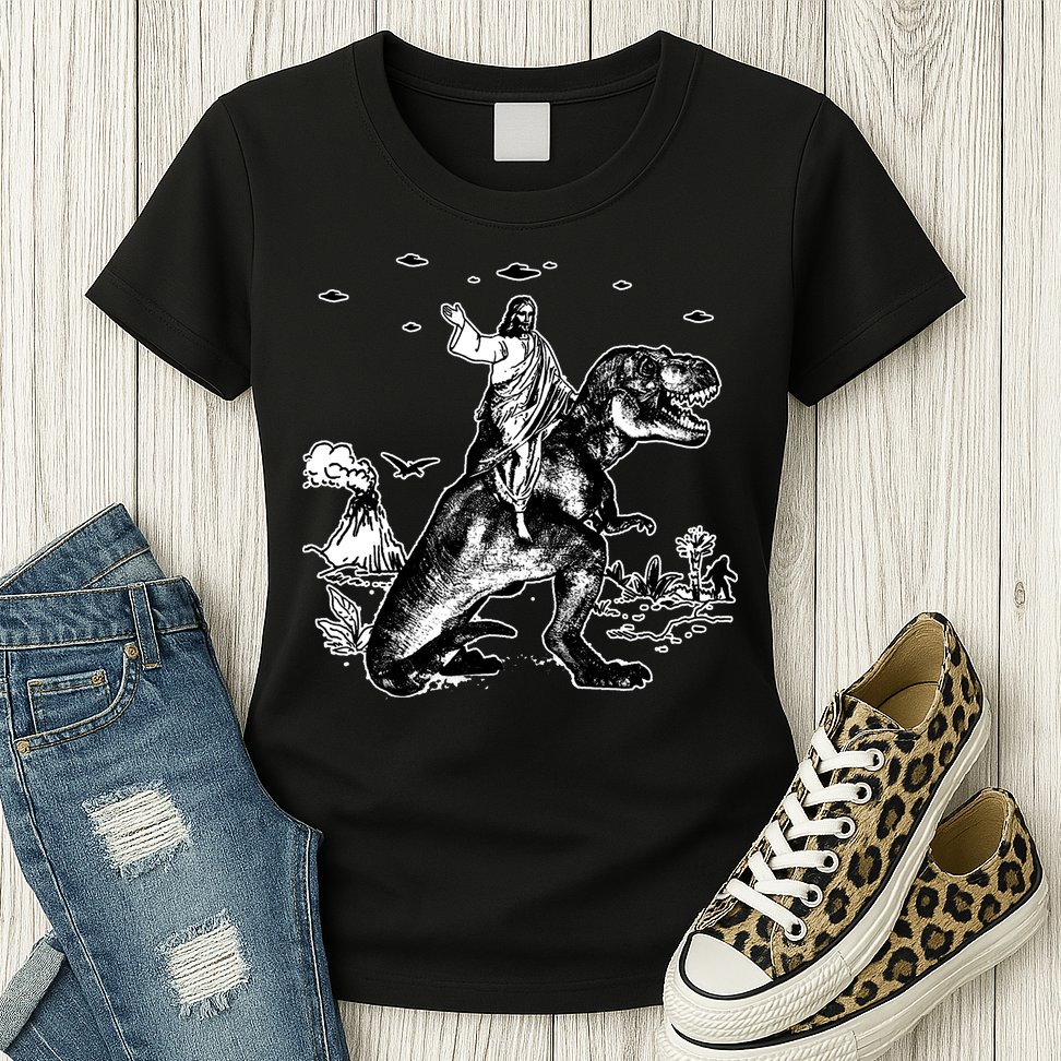 Jesus Riding Dinosaur Funny Ufo Womens T-Shirt