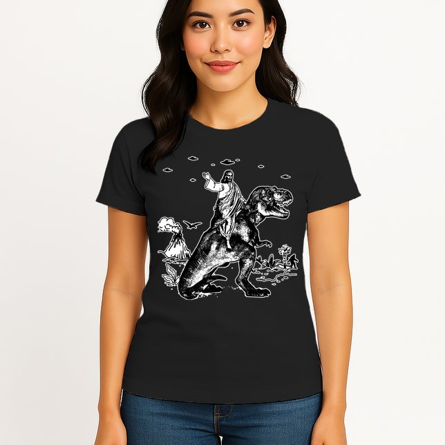 Jesus Riding Dinosaur Funny Ufo Womens T-Shirt