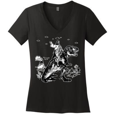 Jesus Riding Dinosaur Funny Ufo Women's V-Neck T-Shirt