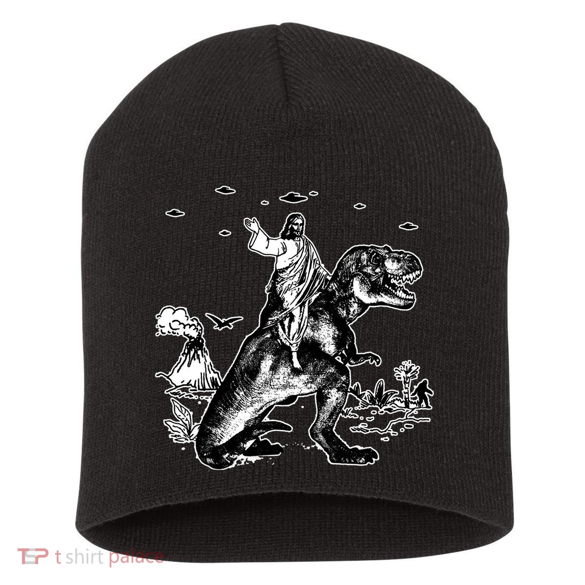 Jesus Riding Dinosaur Funny Ufo Short Acrylic Beanie