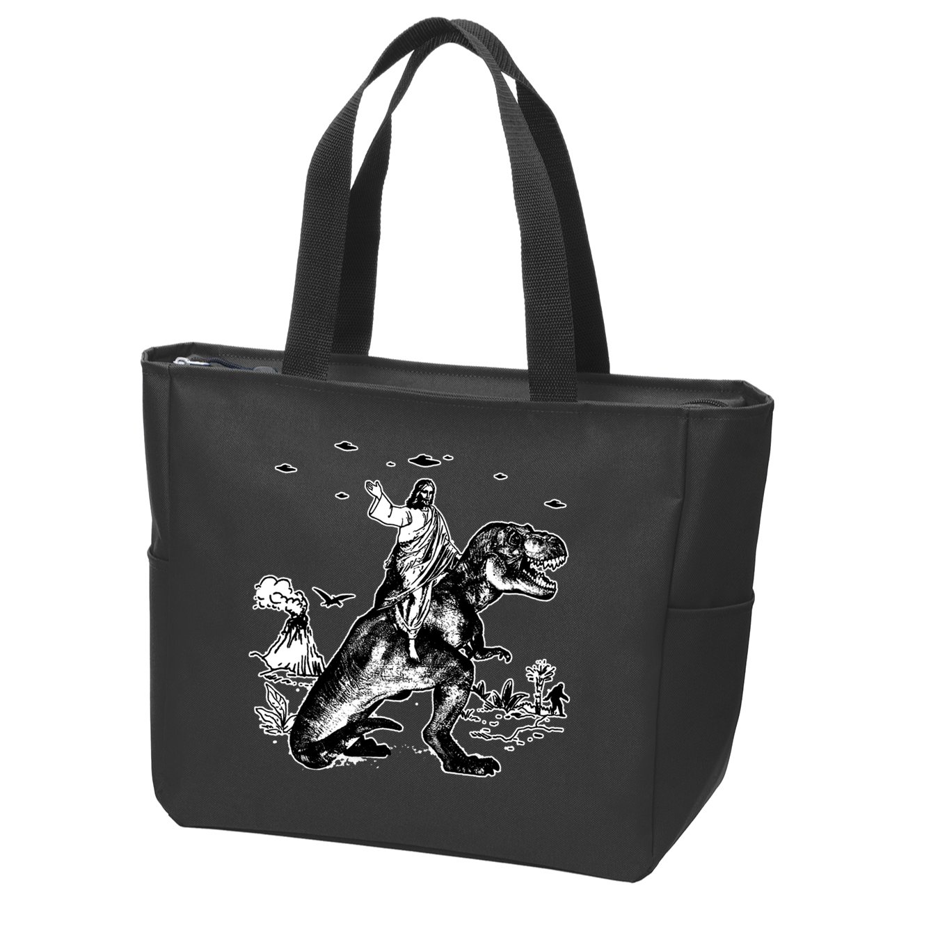 Jesus Riding Dinosaur Funny Ufo Zip Tote Bag