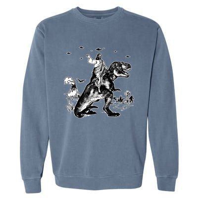 Jesus Riding Dinosaur Funny Ufo Garment-Dyed Sweatshirt