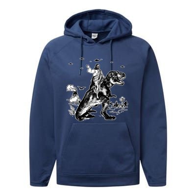 Jesus Riding Dinosaur Funny Ufo Performance Fleece Hoodie