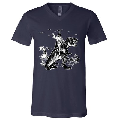 Jesus Riding Dinosaur Funny Ufo V-Neck T-Shirt