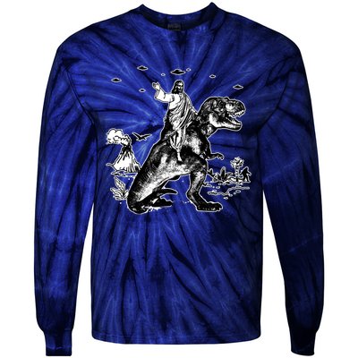 Jesus Riding Dinosaur Funny Ufo Tie-Dye Long Sleeve Shirt