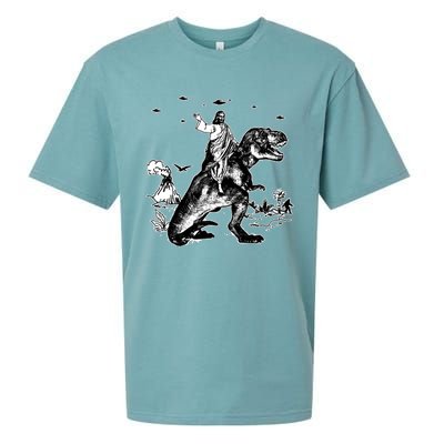 Jesus Riding Dinosaur Funny Ufo Sueded Cloud Jersey T-Shirt