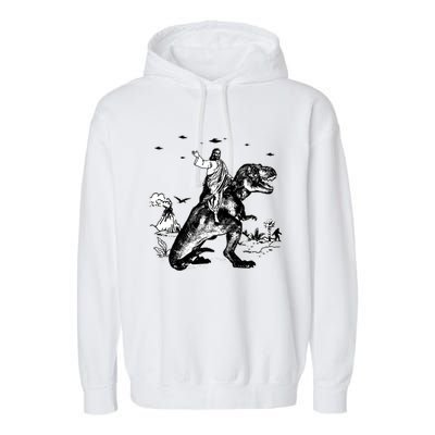 Jesus Riding Dinosaur Funny Ufo Garment-Dyed Fleece Hoodie