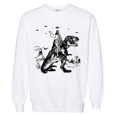 Jesus Riding Dinosaur Funny Ufo Garment-Dyed Sweatshirt