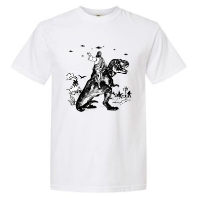 Jesus Riding Dinosaur Funny Ufo Garment-Dyed Heavyweight T-Shirt