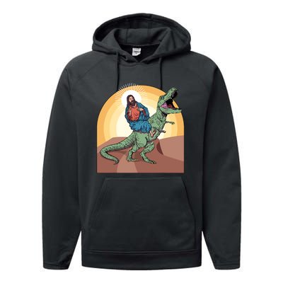 Jesus Riding Dinosaur Performance Fleece Hoodie