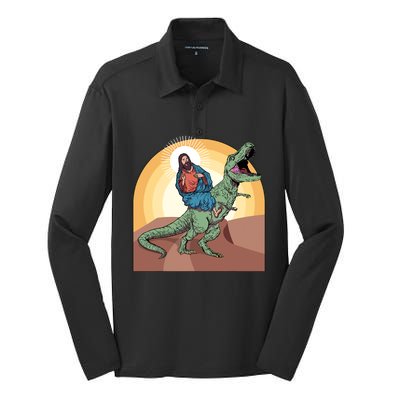 Jesus Riding Dinosaur Silk Touch Performance Long Sleeve Polo